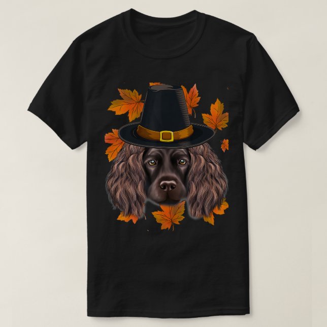 Camiseta Fall Boykin Spaniel Pilgrim Ação de Graças (Frente do Design)