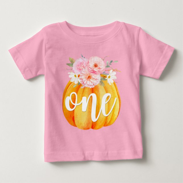 Camiseta Fall Floral Pumpkin Baby Girl's primeiro aniversar (Frente)