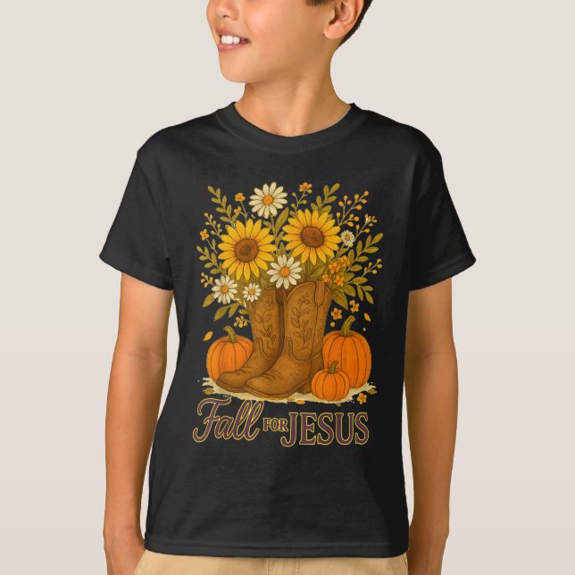 Camiseta Fall For Jesus Western Boots Pumpkin Floral Faith  (Frente)