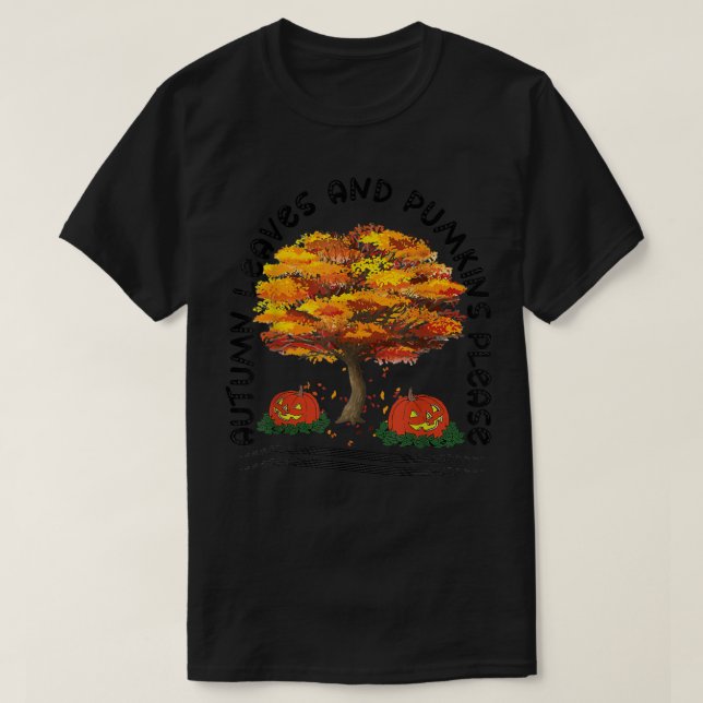 Camiseta Fall Season Fall Autumn Leaves e Pumpkins Ple (Frente do Design)