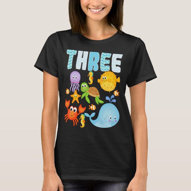 Camiseta Família aniversário de 3 anos de Animais do Oceano (Frente)