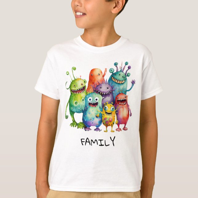 Camiseta Família Boys & Girls, monstros coloridos e engraça (Frente)