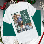 Camiseta Família de colagens fotográficas moderno Natal per<br><div class="desc">Camisa de Natal da família de colagem de fotos moderna em um fundo verde (cor alterável) com uma tendência unida de escrita manual e cobertura de flocos de neve brancos.           Personalize-o com as suas imagens e texto!</div>