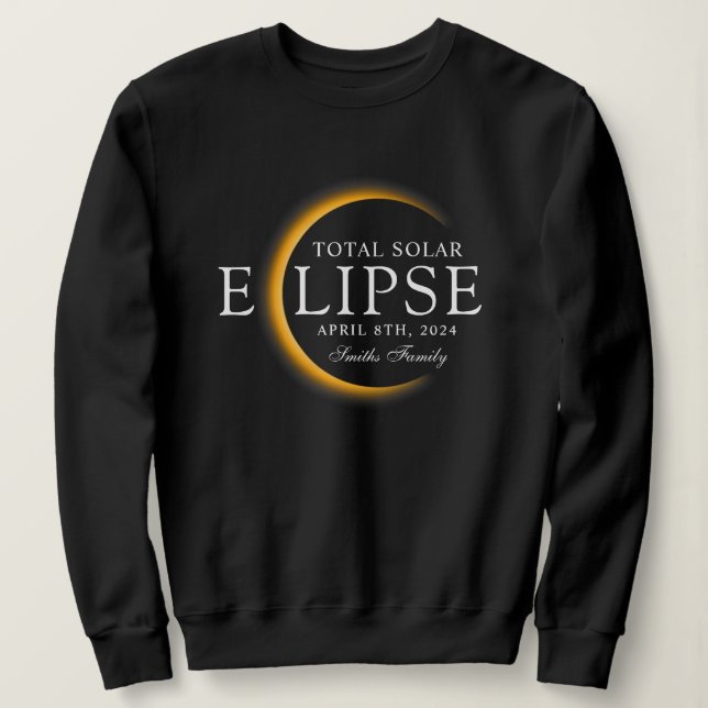 Camiseta Família de Eclipse Solar Total 2024 Dourada e Pret (Frente do Design)