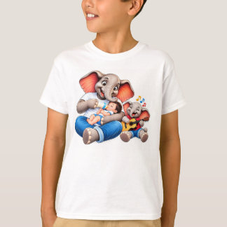 Camiseta família de elefantes fofos alimentando o bebê e to