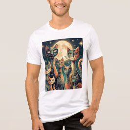 Camiseta Família de Gato Lunar Abstrata Design de Arte Eleg
