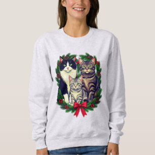 Camiseta Família de Gatos de Natal com Coroa de Sempre-Verd