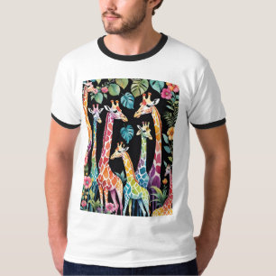 Camiseta Família de Girafa Botânica com Fundo Preto