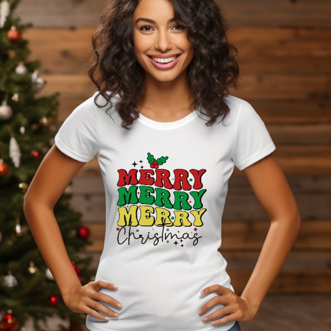 CAMISETA FAMÍLIA DE NATAL DE RETRO FESTIVO (Holiday festive fun outfit with quote MERRY MERRY MERRY CHRISTMAS PIJAMA OR FAMILY GATHERING)