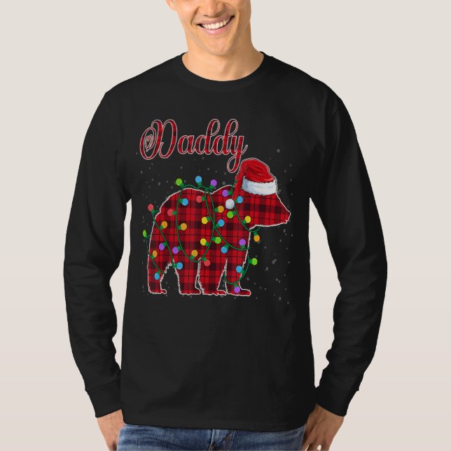 Camiseta Família de Pai de Urso de Natal Xadrez Vermelho de (Frente)