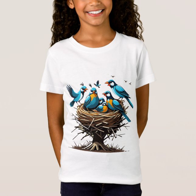 Camiseta Família de Pássaros Feliz em Nest (Frente)