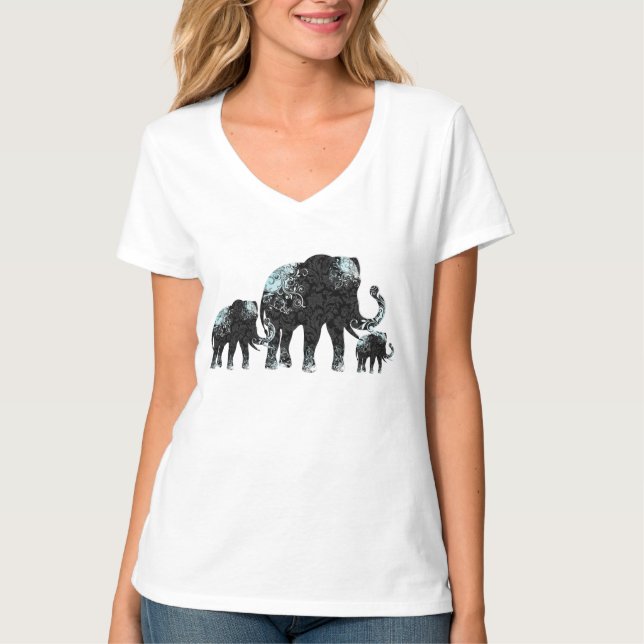 Camiseta Família Elefante de Flores Pretas (Frente)