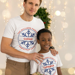 Camiseta Família Flocos de Neve Azul Nome Ano