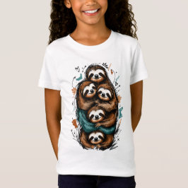 Camiseta Família Fofa de Preguiça Empilhada – Desenho Engra