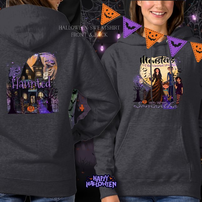 Camiseta Família Monstro de Casa Assombrada Frente e Trás (Front & Back Haunted House Monster Family Hoodie)
