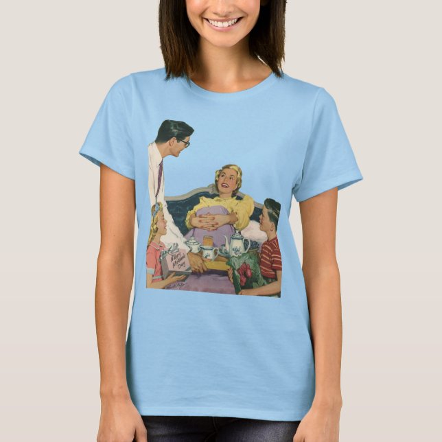 Camiseta Família Retro Serve Café da Manhã da Mãe na Cama (Frente)
