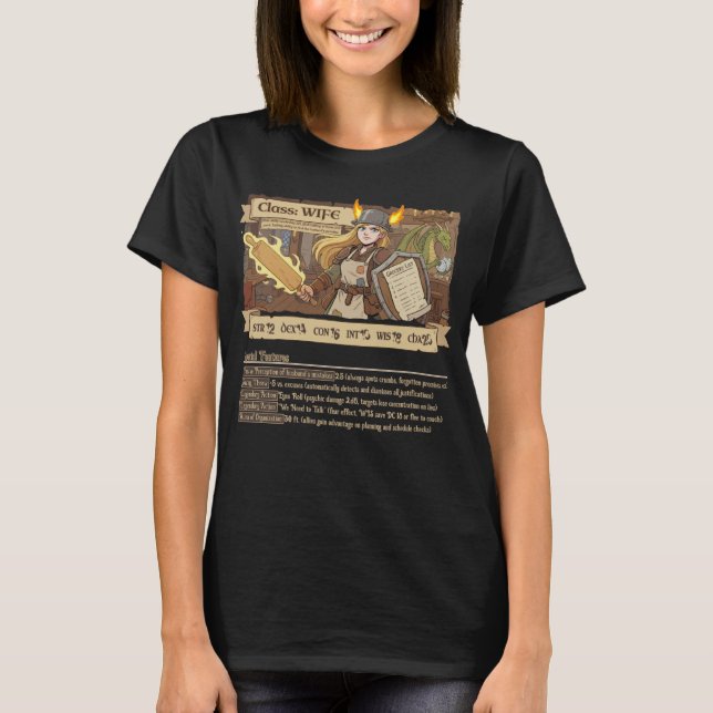 Camiseta Família RPG - Esposa de Classe com ESTATÍSTICAS -  (Frente)