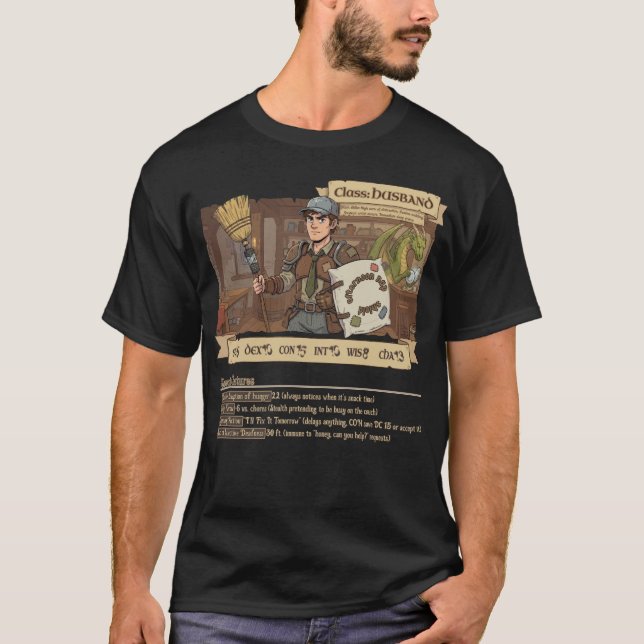 Camiseta Família RPG - Marido da Classe E com STATS (Frente)