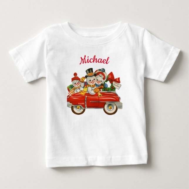 Camiseta Família Snowman no carro Nome personalizado de Nat (Frente)