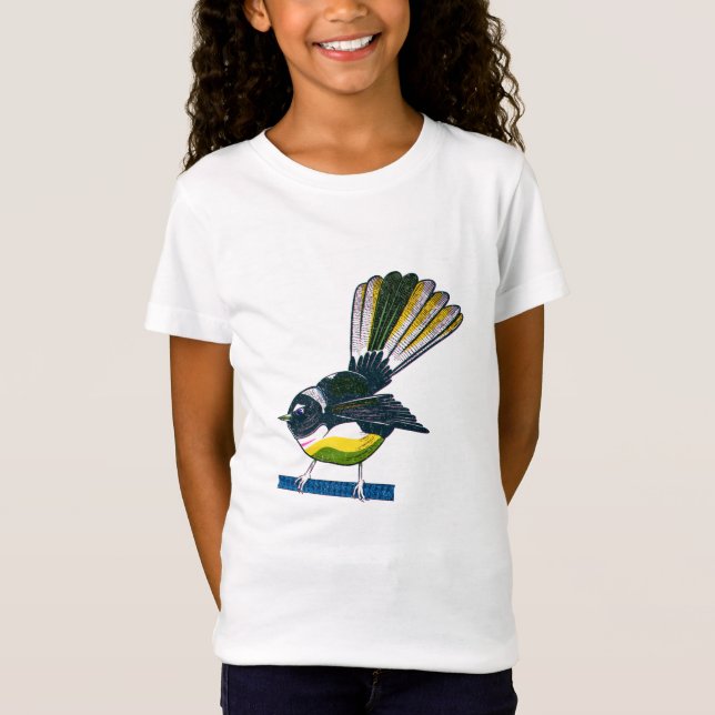 Camiseta Fantail retro NZ bird impressão (Frente)