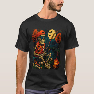 Camiseta Fantasia de Halloween de Esqueleto Pescando Roupa