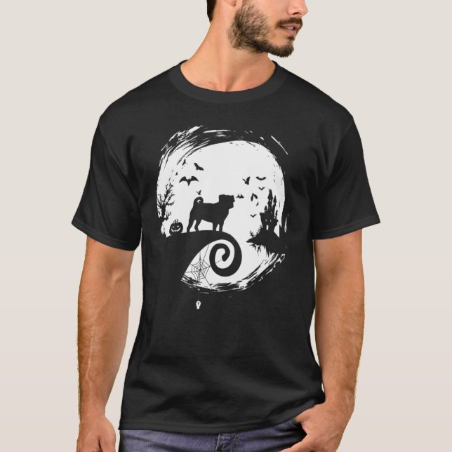 Camiseta Fantasia de Halloween Pug Silhueta da Lua Sinistro (Frente)