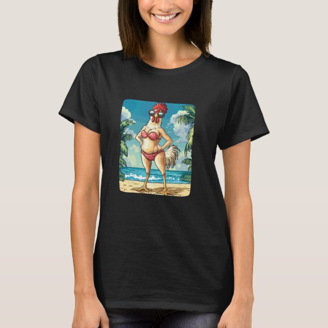 Camiseta Fantasia de Mulher Frango Engraçada em Biquíni par (Frente)