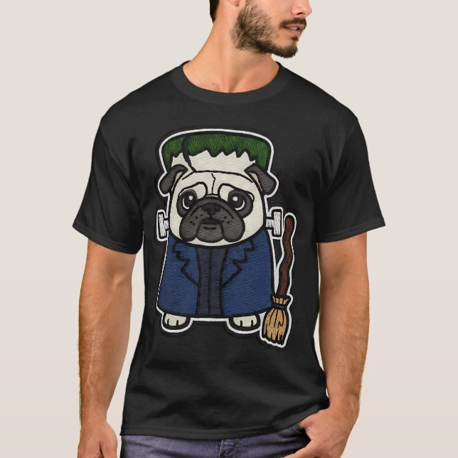 Camiseta Fantasia de Pug do Halloween Frankenstein Cachorro (Frente)