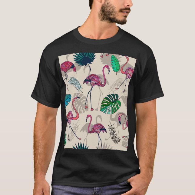 Camiseta Fantasia Tropical: Flamingo Leaf Pattern (Frente)