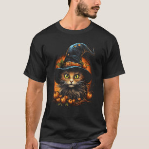 Camiseta Fantasias de Gato do Halloween Chapéu de Bruxa Abó