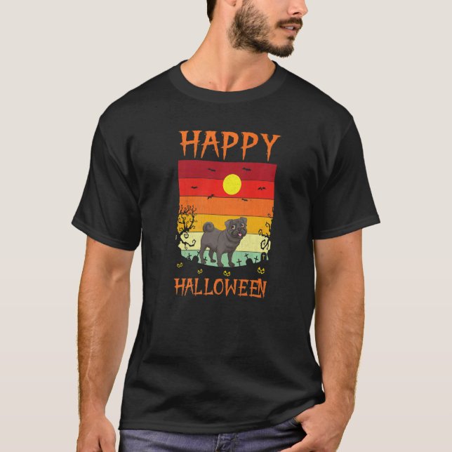 Camiseta Fantasias de Halloween Combinando Pug Cão Hallowee (Frente)