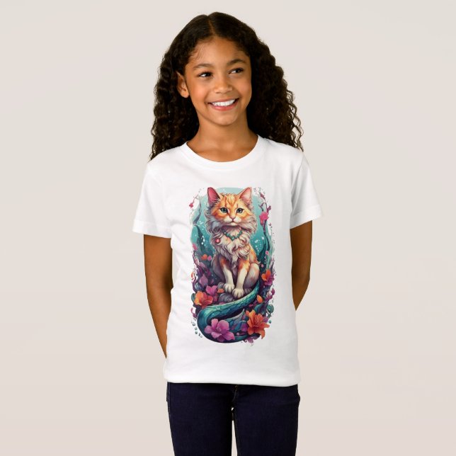 Camiseta Fantasias Felinas Encantadas: Gato Sereia Whimsica (Frente Completa)