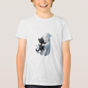 Camiseta Fantasma Abraçando Gato Preto Design de Halloween 