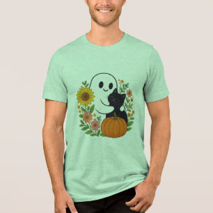 Camiseta Fantasma Adorável e Gato Negro Queda Halloween