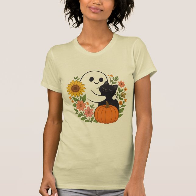Camiseta Fantasma Adorável e Gato Negro Queda Halloween (Frente)