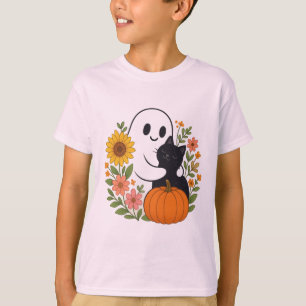 Camiseta Fantasma Adorável e Gato Negro Queda Halloween