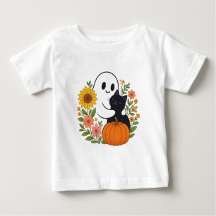 Camiseta Fantasma Adorável e Gato Negro Queda Halloween