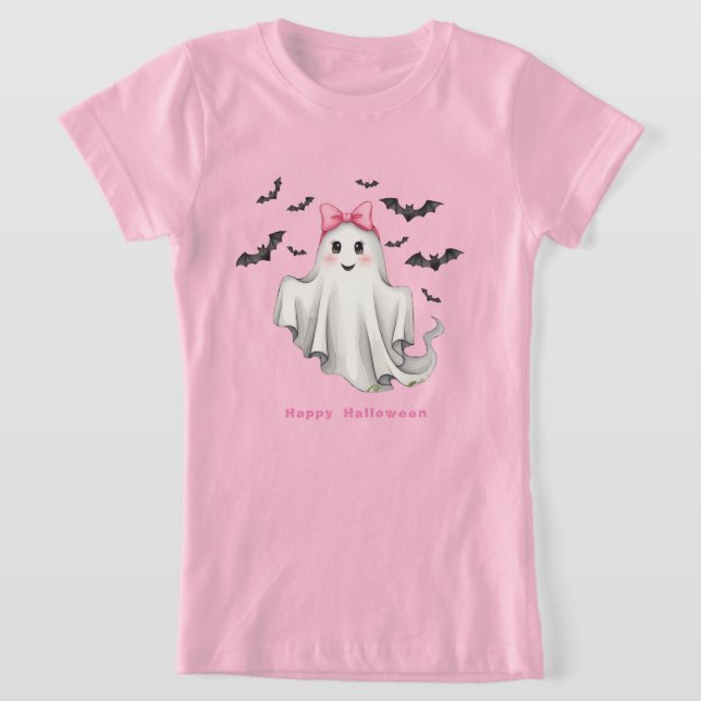 Camiseta Fantasma Amiga Rosa com Morcegos Voando (Postura )