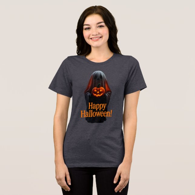 Camiseta Fantasma Assustador com Abóbora – Feliz Halloween  (Frente Completa)