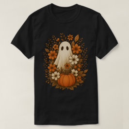 Camiseta Fantasma Assustador Rodeado por Florais de Outono