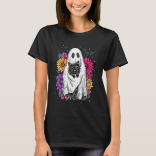 Camiseta Fantasma Assustador Segurando Gato Preto Floral Gr