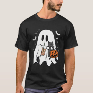 Camiseta Fantasma Assustador Segurando Gato Preto Halloween