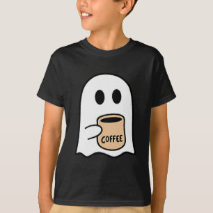 Camiseta Fantasma Bebendo Café Roupa de Halloween Engraçada