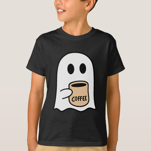 Camiseta Fantasma Bebendo Café Roupa de Halloween Engraçada (Frente)