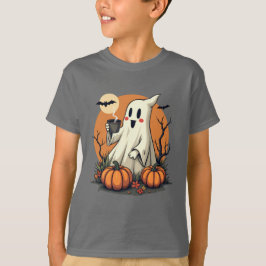 Camiseta Fantasma Bonita com Café e Halloween de Pumpkins