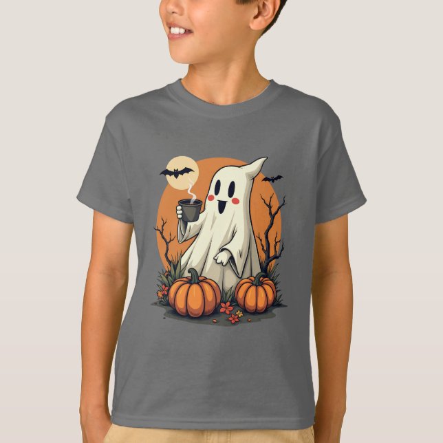Camiseta Fantasma Bonita com Café e Halloween de Pumpkins (Frente)
