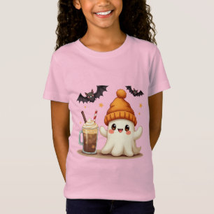 Camiseta Fantasma Bonita com Café e Morcegos Halloween