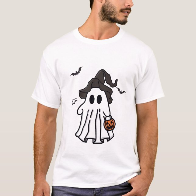 Camiseta Fantasma Bonita do Halloween com Chapéu de Bruxas  (Frente)