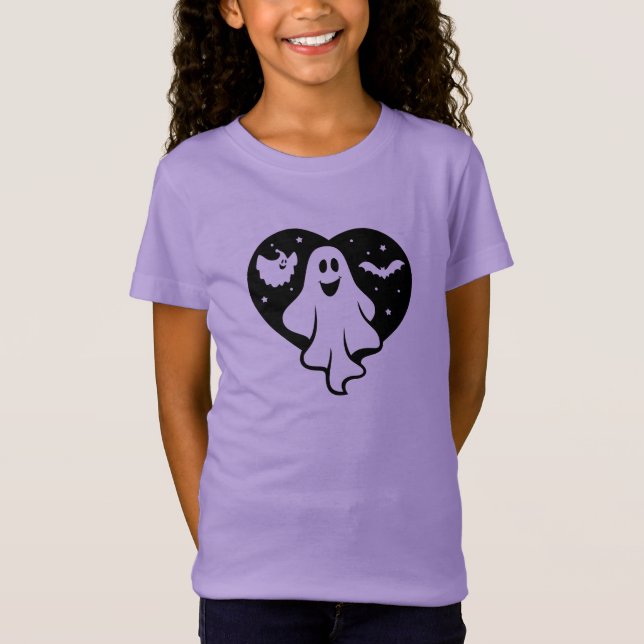Camiseta Fantasma Bonita Do Halloween Com Coração E Bat (Frente)