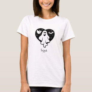Camiseta Fantasma Bonita Do Halloween Com Coração E Bat